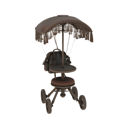 Создай модель бешеной табуретки с приводом на все четыре ножки. Над табуном балдахином с кистями. Позади табурета ран...