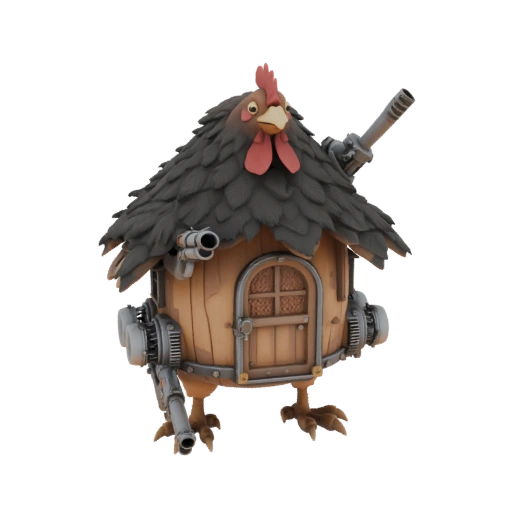 избушка на курьих ножках из Atomic Heart с двумя автоматами по бокам в лапах. В низу у избушки турбо двигатели и выдв...