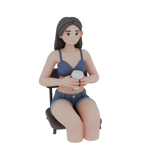 девушка сидящая на стуле(сам стул не нужен). в шортах и лифчике, в правой руке стаканчик кофе