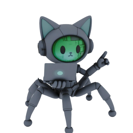 Фигурка кота в стиле киберпанк, у которого паучьи ноги и вместо правого глаза имплант зеленого цвета.  В одной руке к...