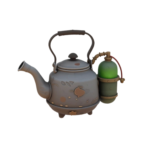 гоблинский чайник-огнемет в стиле фэнтезийной инженерии WoW, помятый металлический чайник с заплатками, клапаны давле...